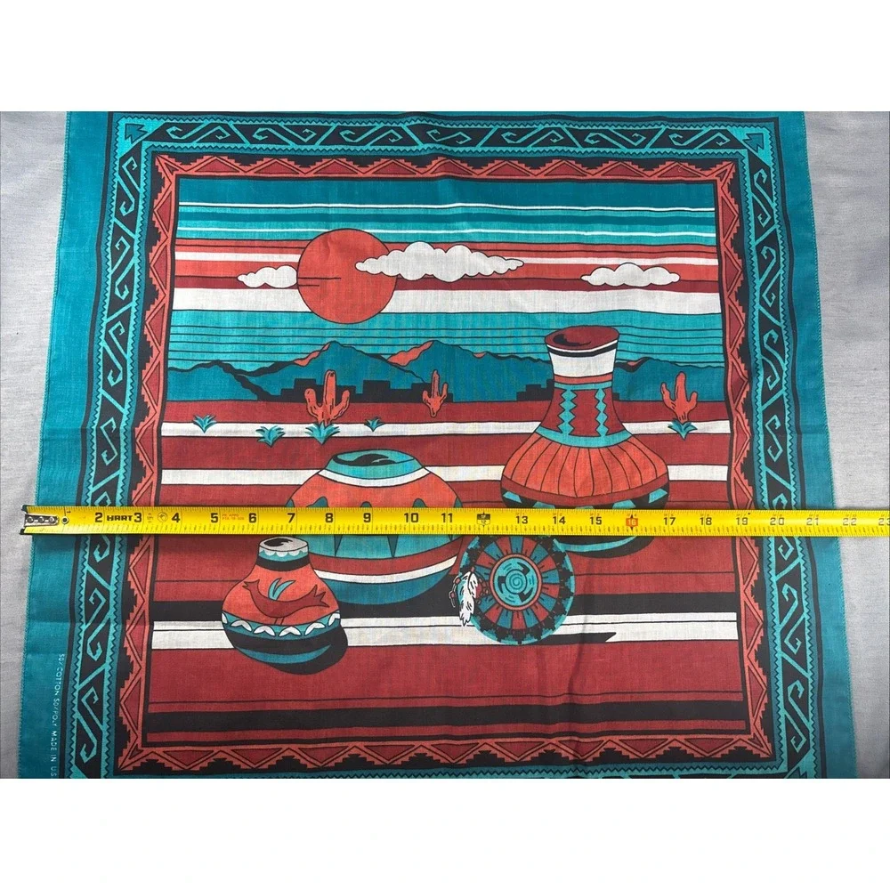 Scarf Southwestern Pottery Sun Cactus Bandanas Teal Rust USA 21